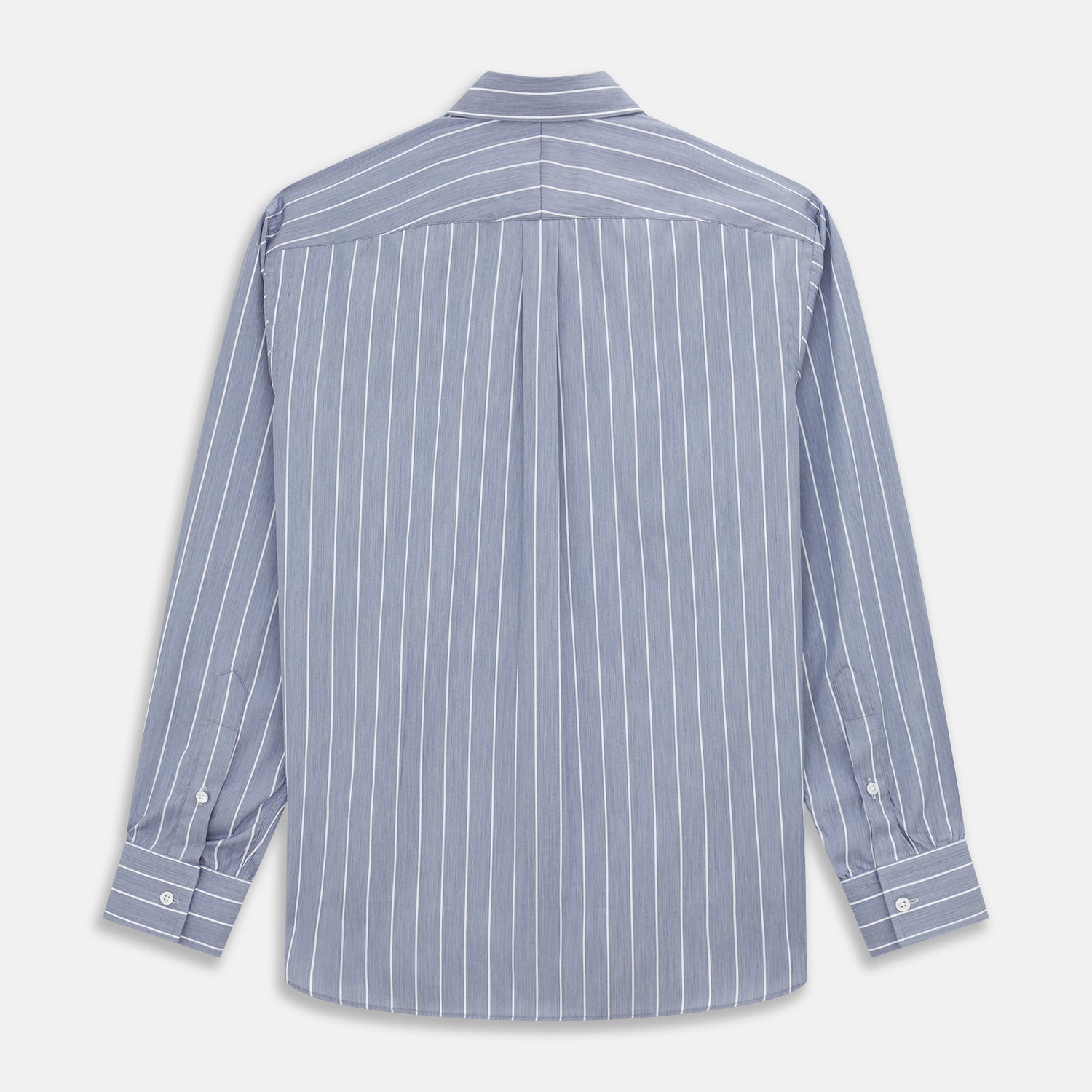 View 5 of product The Turnbull & Asser Pale Blue and White Pinstripe Cotton Blend Weekend Fit Finch Shirt features long sleeves, a chest pocket, and white buttons—ideal for classic, casual style. Shown laid flat on a white background.