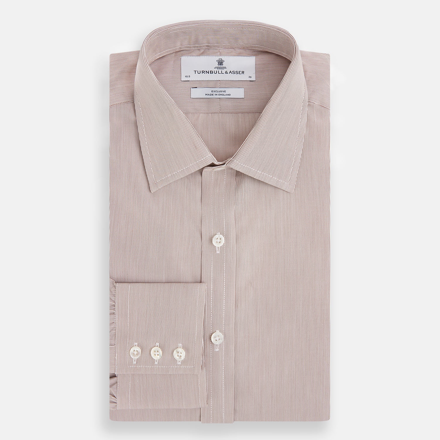 View 5 of product The Turnbull & Asser Burgundy Hairline Stripe Mayfair Shirt features long sleeves, a pointed collar, white buttons, and a classic Mayfair fit—perfect for formal occasions—presented against a plain white background.