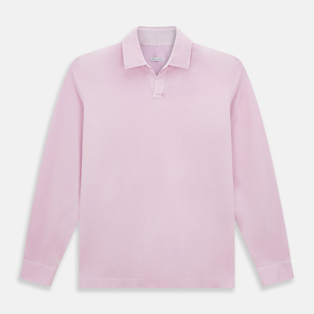 The Pink Rugby Polo Shirt by Turnbull & Asser features long sleeves, a collar, and V-neck opening in luxury cotton, shown flat on a white background.