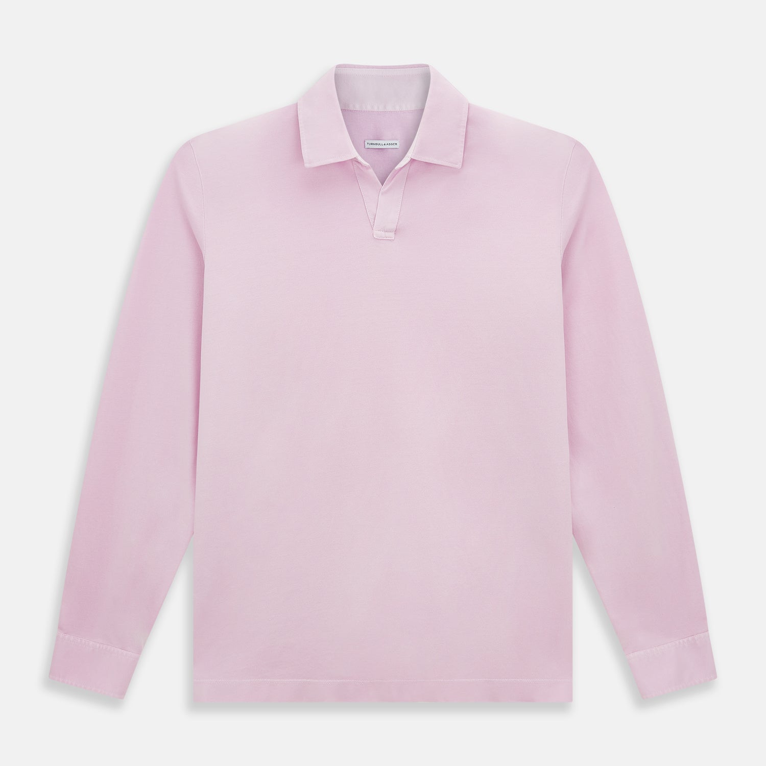 View 1 of product The Pink Rugby Polo Shirt by Turnbull & Asser features long sleeves, a collar, and V-neck opening in luxury cotton, shown flat on a white background.