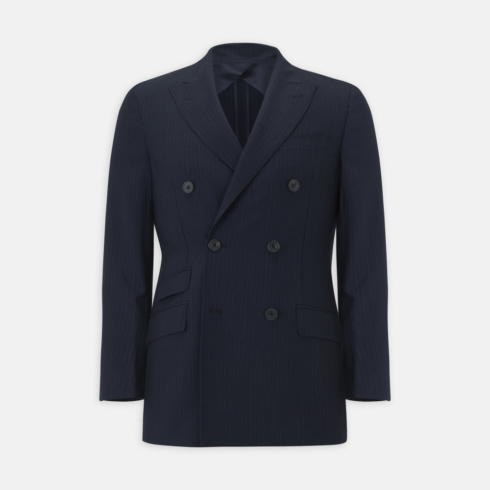 The Turnbull & Asser Navy Wool Pinstripe Double-Breasted Jacket features peak lapels, four front buttons, and three front pockets, and is displayed on a plain white background.
