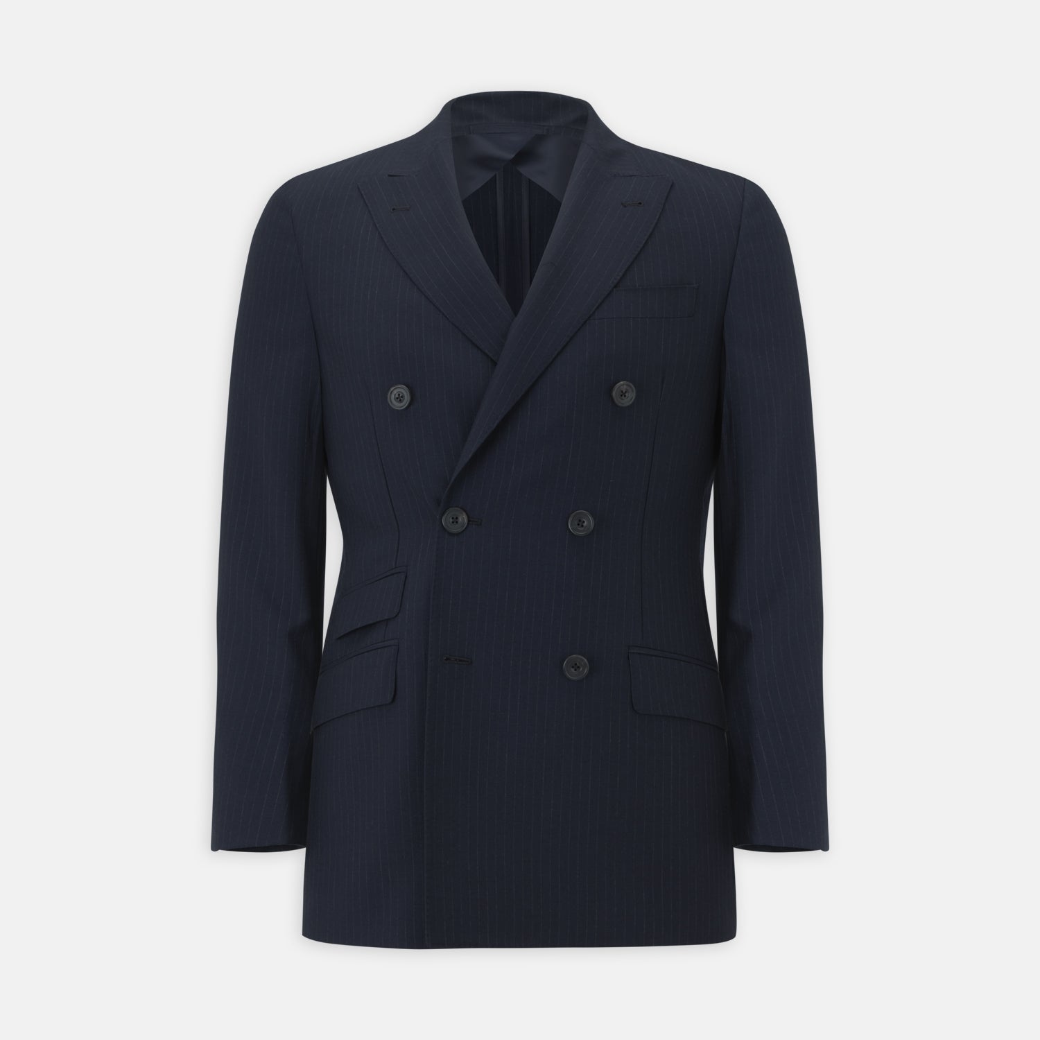 View 5 of product The Turnbull & Asser Navy Wool Pinstripe Double-Breasted Jacket features peak lapels, four front buttons, and three front pockets, and is displayed on a plain white background.