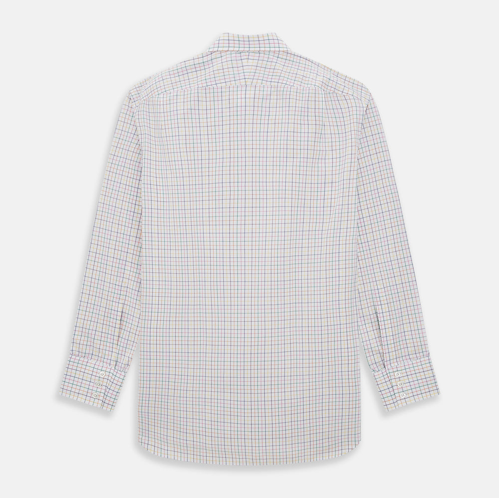 The Rainbow Double Grid Check Mayfair Shirt by Turnbull & Asser features a white base with thin blue, red, and green checks and a T&A collar. It’s displayed neatly laid flat on a white background.