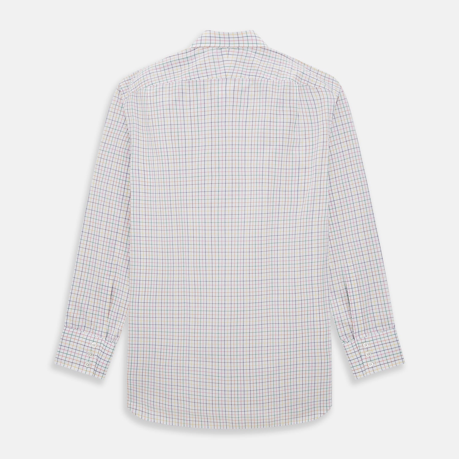 View 3 of product The Rainbow Double Grid Check Mayfair Shirt by Turnbull & Asser features a white base with thin blue, red, and green checks and a T&A collar. It’s displayed neatly laid flat on a white background.