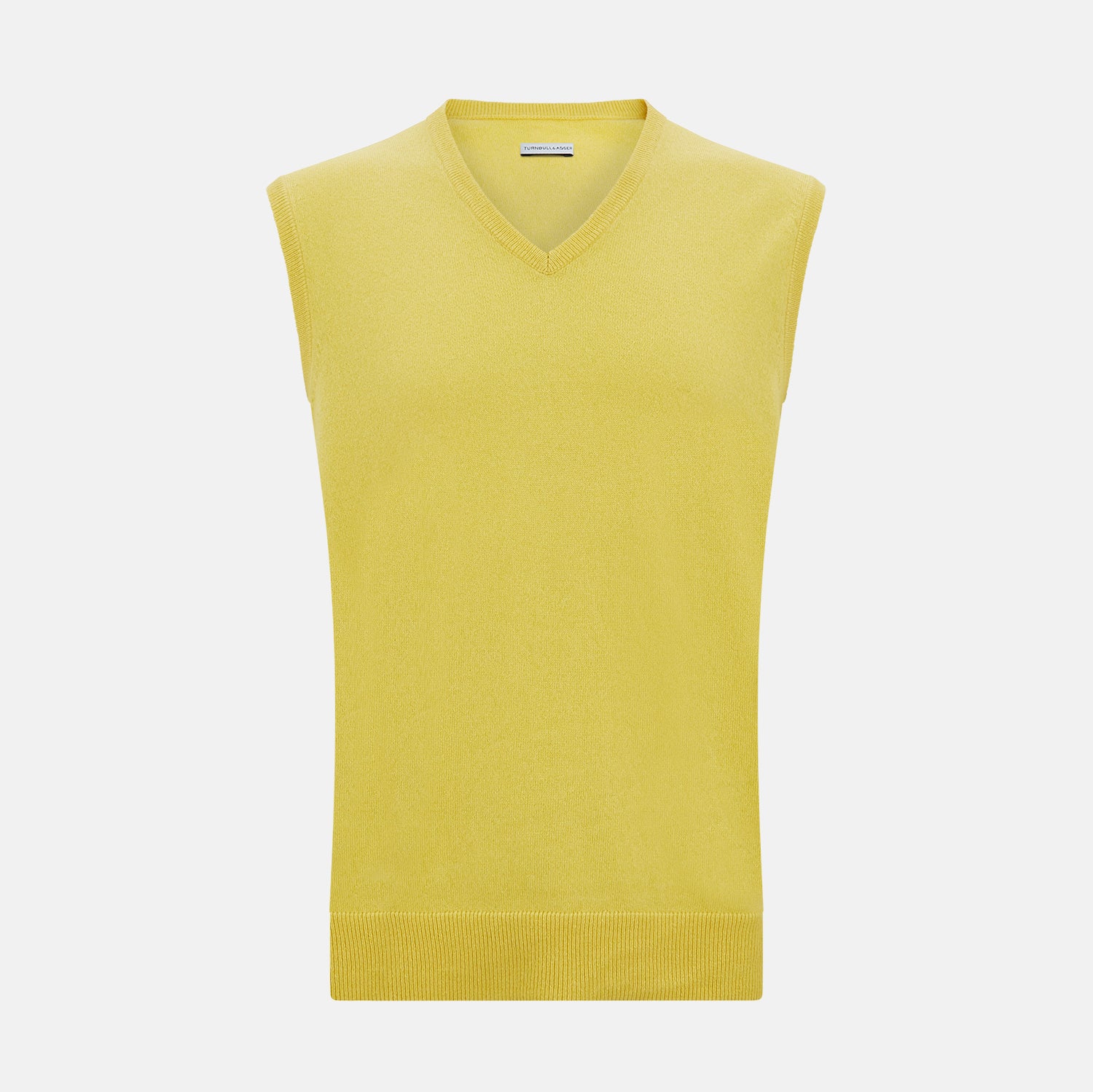 View 1 of product Turnbull & Asser’s Canary Yellow Cashmere V-Neck Vest features a ribbed hem and sleeveless design, adding a vibrant touch to refined outfits. Displayed on a plain white background.