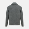 View 3 of product The Turnbull & Asser Grey Melange Cashmere Shawl Collar Cardigan features a ribbed-knit texture, five black front buttons, and two pockets, shown against a plain white background.