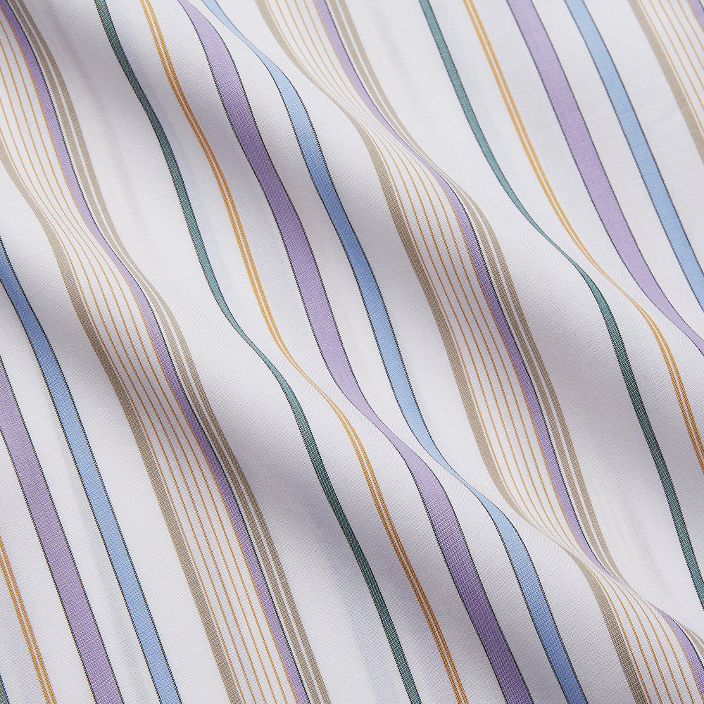 The Colourful Garden Multi Stripe Cotton Regular Fit Mayfair Shirt by Turnbull & Asser features a collar, buttoned cuffs, and vertical stripes in blue, yellow, pink, and white on a light background for a relaxed look.