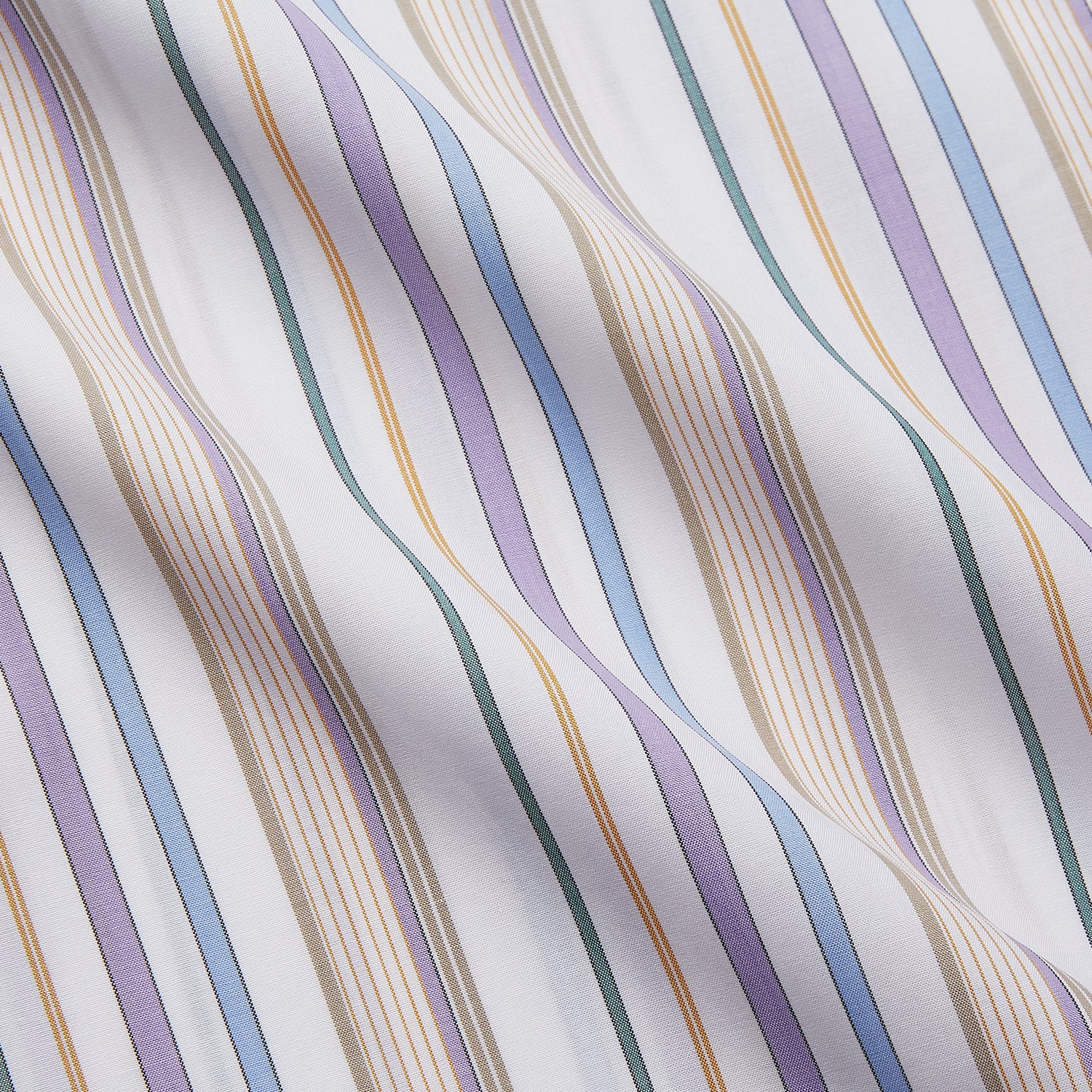 View 3 of product The Colourful Garden Multi Stripe Cotton Regular Fit Mayfair Shirt by Turnbull & Asser features a collar, buttoned cuffs, and vertical stripes in blue, yellow, pink, and white on a light background for a relaxed look.