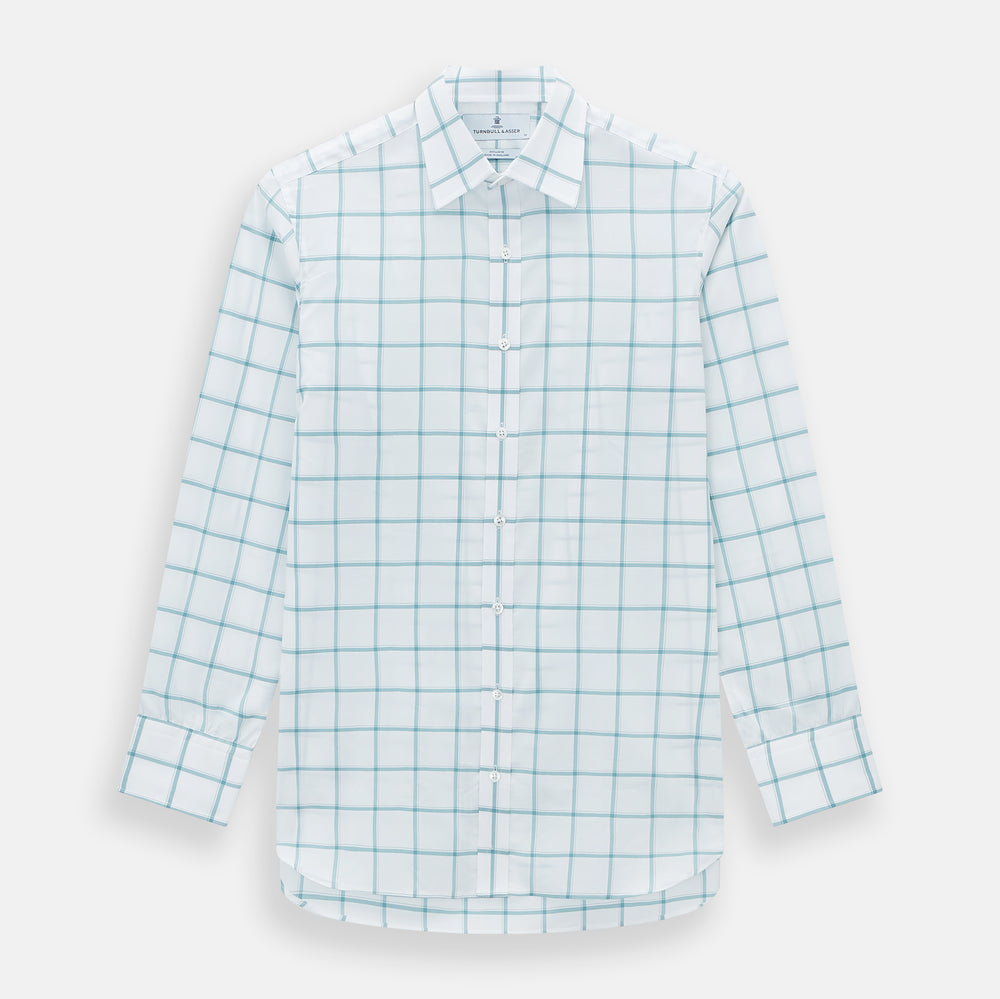 The Turnbull & Asser Sage Grid Check Mayfair Shirt is a white, long-sleeve shirt made from Italian cotton with a light blue and sage grid pattern, shown neatly laid flat on a plain, light background.