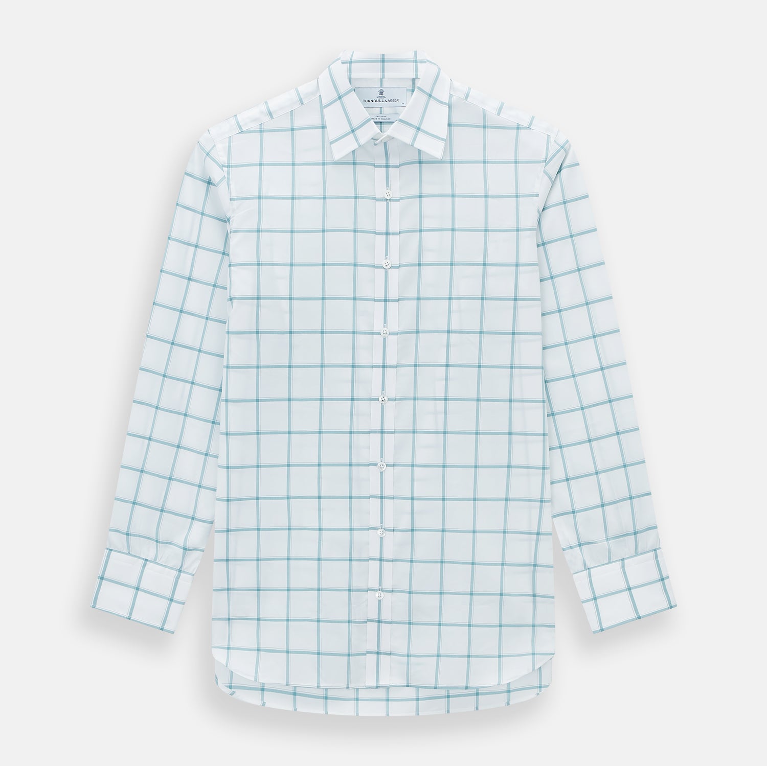 View 1 of product The Turnbull & Asser Sage Grid Check Mayfair Shirt is a white, long-sleeve shirt made from Italian cotton with a light blue and sage grid pattern, shown neatly laid flat on a plain, light background.