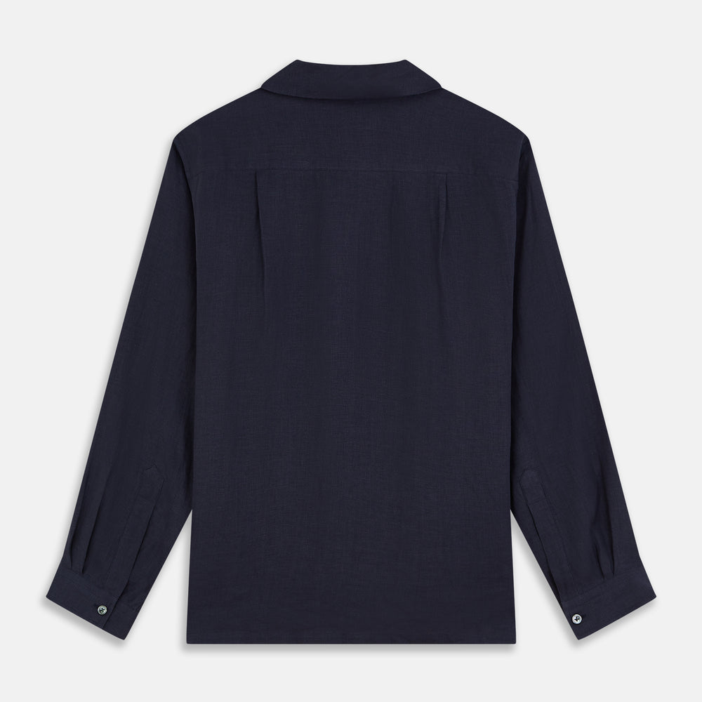 The Turnbull & Asser Navy Hemp Holiday Fit Winnington Shirt is a long-sleeve, button-up shirt with a single chest pocket, shown laid flat on a white background.