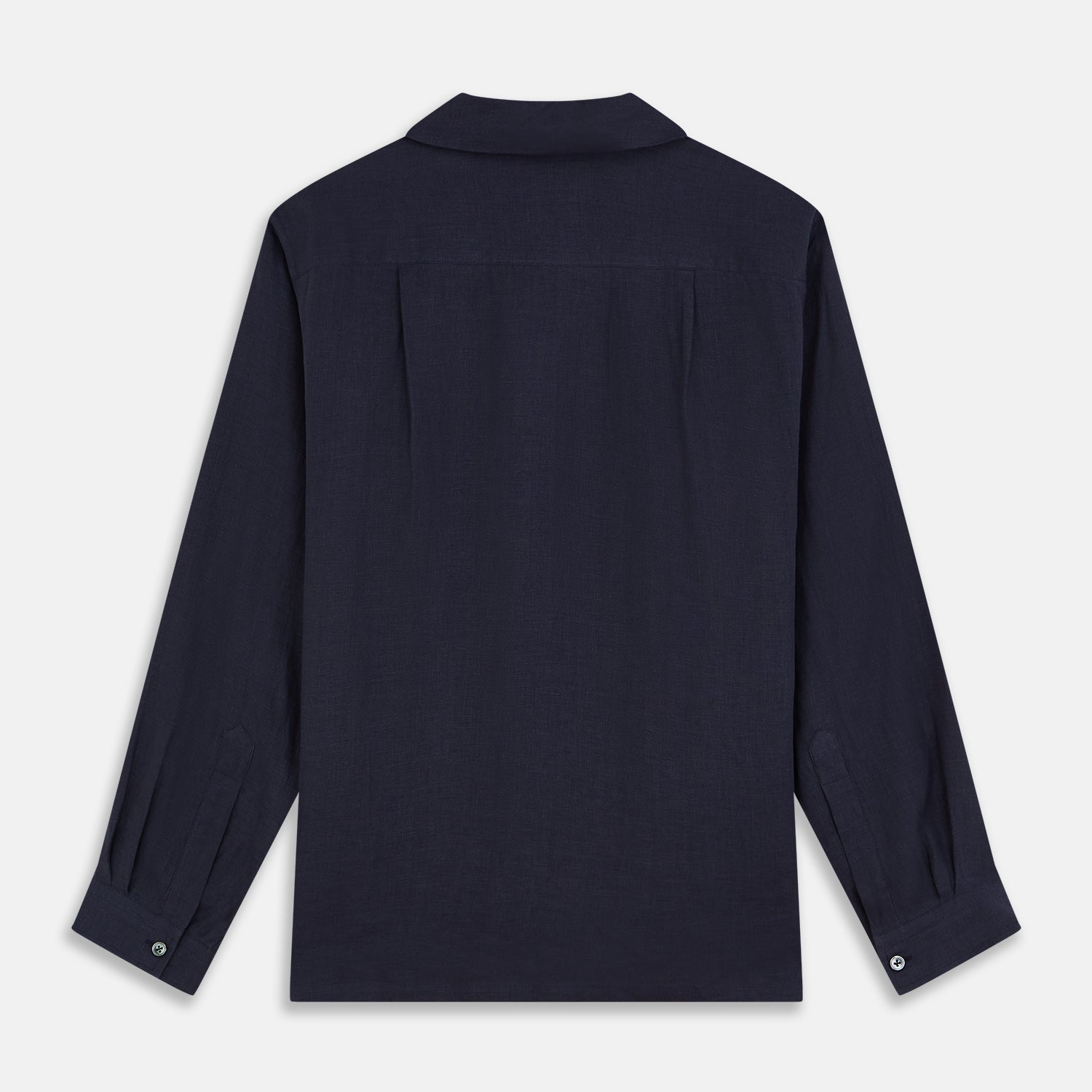 View 5 of product The Turnbull & Asser Navy Hemp Holiday Fit Winnington Shirt is a long-sleeve, button-up shirt with a single chest pocket, shown laid flat on a white background.