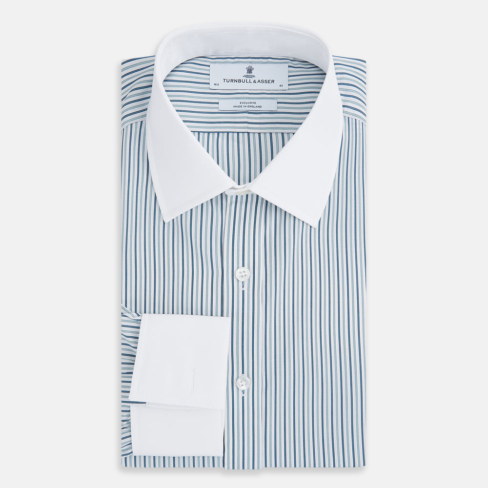 The Turnbull & Asser Green Double Stripe Shirt features a button-up design, contrast T&A collar and cuffs, and is laid flat on a white background.