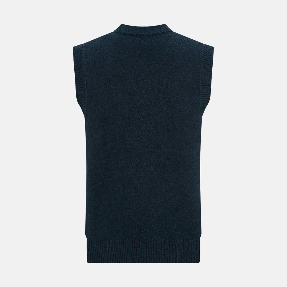 The Turnbull & Asser Dark Green Melange Cashmere Sleeveless Cardigan features ribbed edges, two front pockets, and a round neckline, presented against a plain white background.