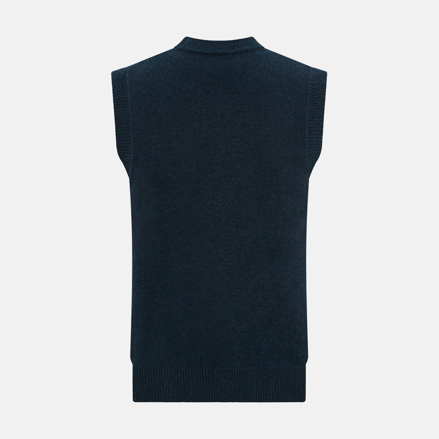 View 3 of product The Turnbull & Asser Dark Green Melange Cashmere Sleeveless Cardigan features ribbed edges, two front pockets, and a round neckline, presented against a plain white background.