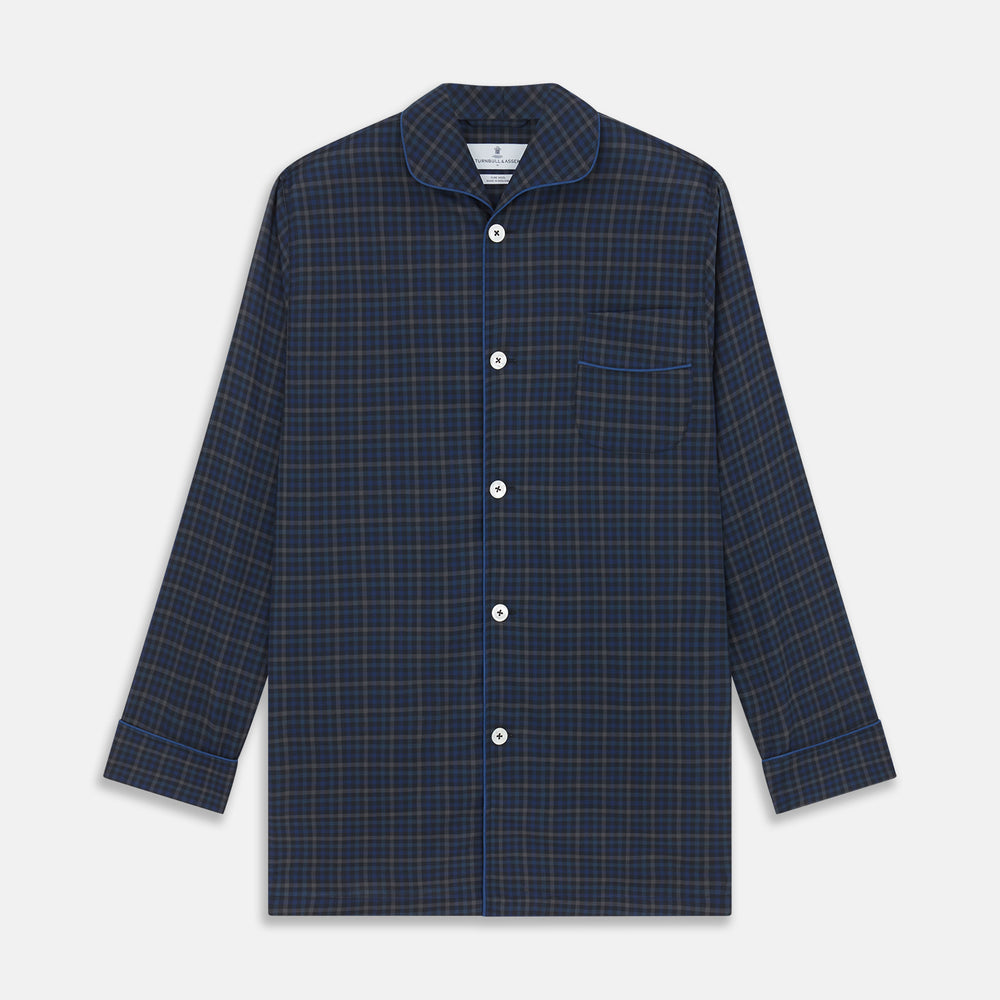 The Turnbull & Asser Blue Multi Check Wool Quin Pyjama Set features a long-sleeve button-up top with chest pocket and drawstring pants, both displayed flat on white—a luxurious choice for refined sleepwear.