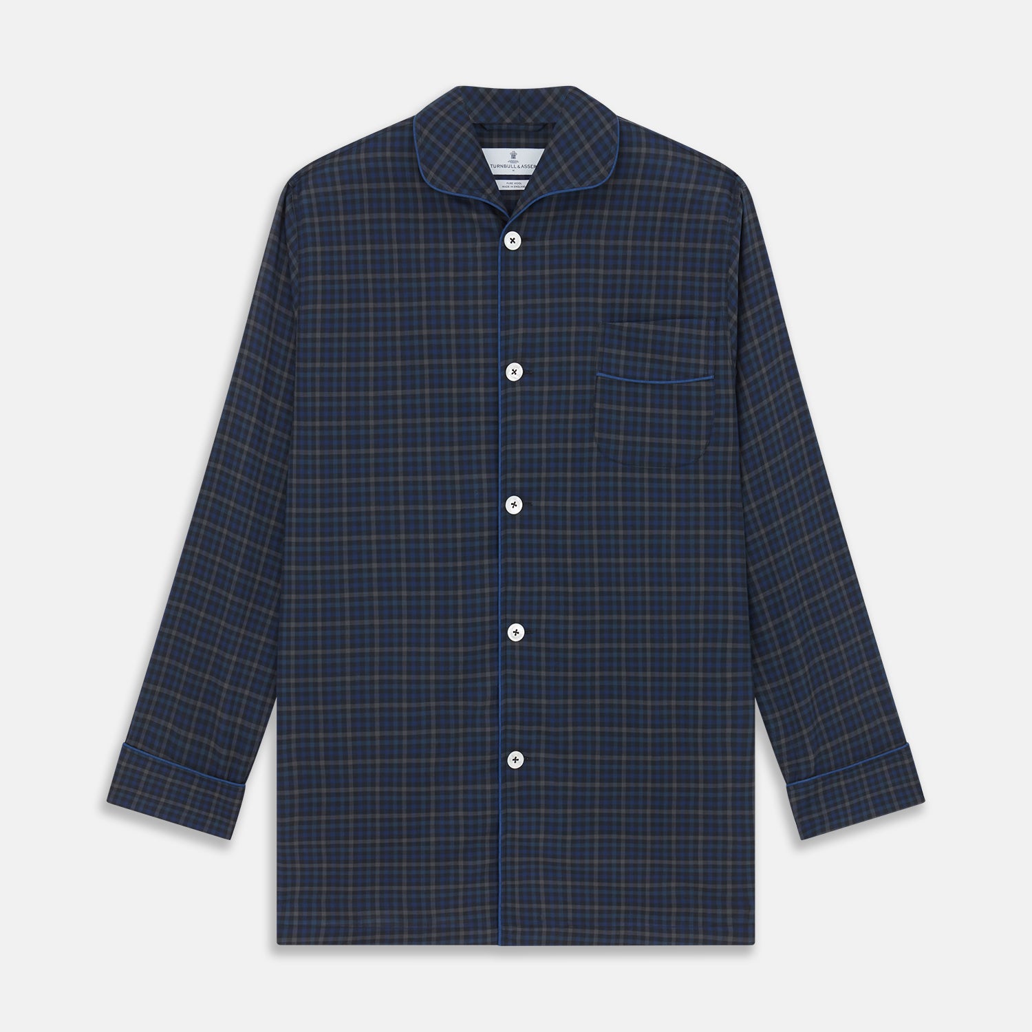 View 4 of product The Turnbull & Asser Blue Multi Check Wool Quin Pyjama Set features a long-sleeve button-up top with chest pocket and drawstring pants, both displayed flat on white—a luxurious choice for refined sleepwear.