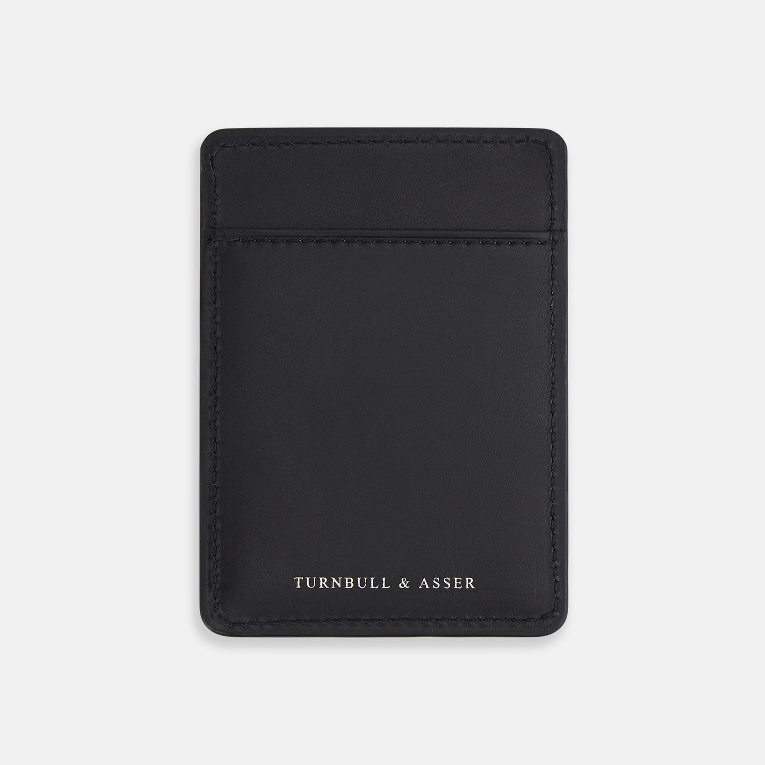 View 1 of product A navy Italian leather two-slot card case with minimal stitching and silver TURNBULL & ASSER text at the bottom center, shown on a plain white background—the perfect minimalist accessory.