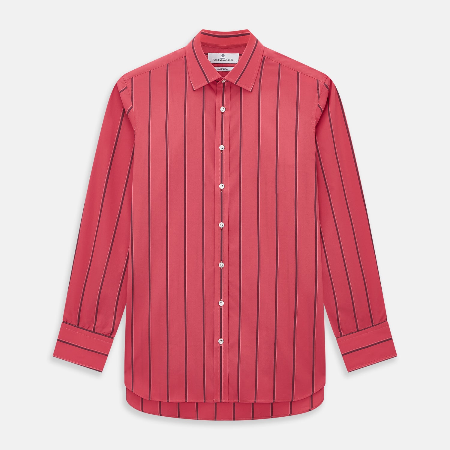 View 1 of product The Coral Red Track Stripe Mayfair Shirt by Turnbull & Asser features long sleeves, button-up front, a classic T&A collar, and buttoned cuffs in vibrant Italian cotton with vertical black pinstripes, shown on a plain white background.
