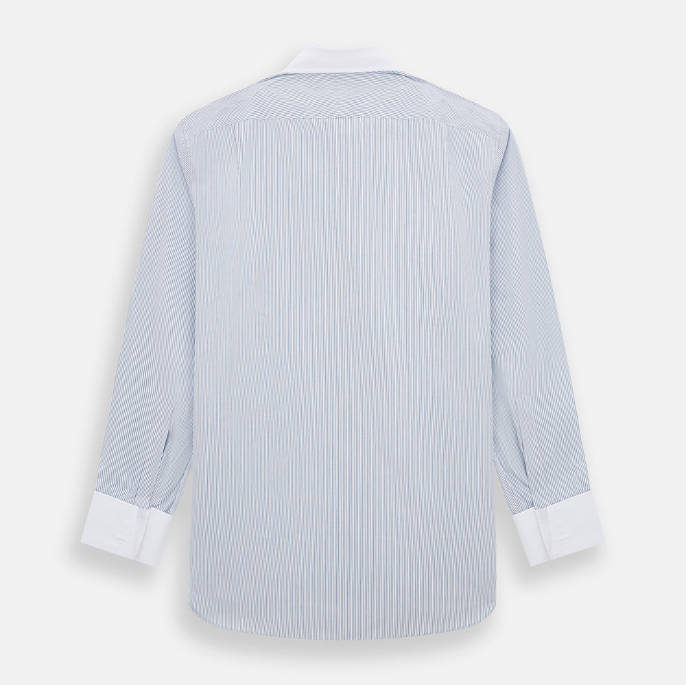 The Turnbull & Asser Navy and Blue Ticking Stripe Shirt features a contrast white collar and double cuffs, displayed on a plain white background. Tailored in the sleek Mayfair fit, it’s ideal for formal attire.