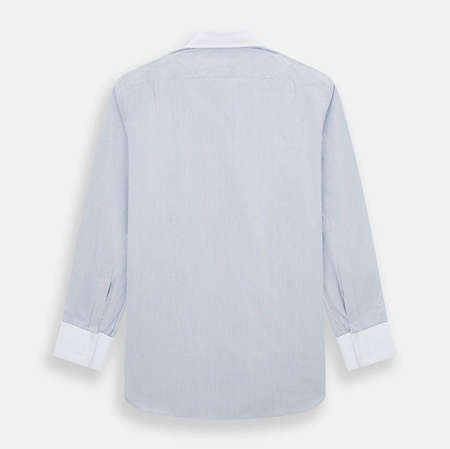 View 3 of product The Turnbull & Asser Navy and Blue Ticking Stripe Shirt features a contrast white collar and double cuffs, displayed on a plain white background. Tailored in the sleek Mayfair fit, it’s ideal for formal attire.