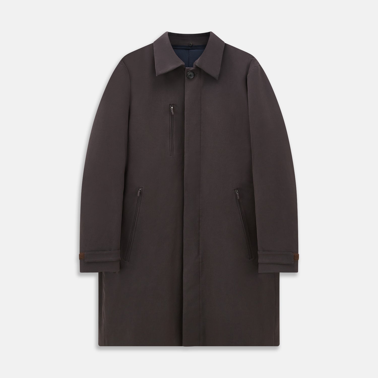View 1 of product The Dark Chocolate John Arthur Trench Coat by Turnbull & Asser features a pointed collar, two large slanted side pockets, and a vertical chest pocket—a versatile 2-in-1 piece ideal for any occasion.