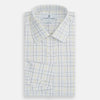 View 5 of product The Turnbull & Asser Yellow and Blue Grid Check Mayfair Shirt features a long-sleeve button-up design with a yellow and blue grid pattern, shown against a plain white background.
