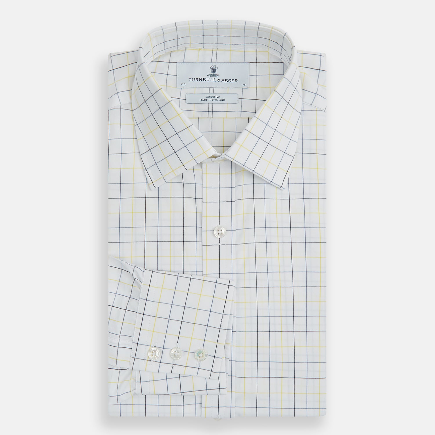 View 5 of product The Turnbull & Asser Yellow and Blue Grid Check Mayfair Shirt features a long-sleeve button-up design with a yellow and blue grid pattern, shown against a plain white background.