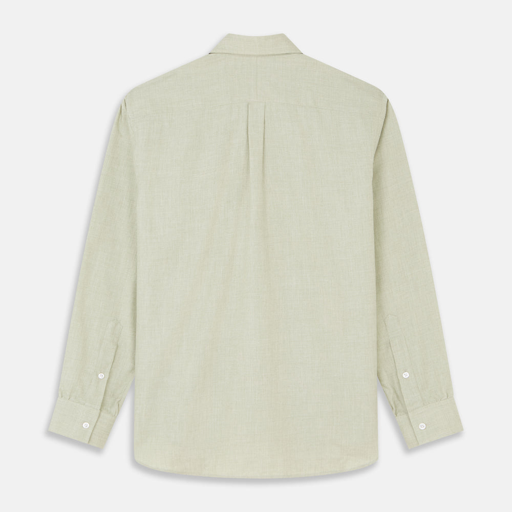 The Turnbull & Asser Soft Green Cashmerello Weekend Fit Finch Shirt features a Derby collar, long sleeves, chest pocket, white buttons, and cuffs. Laid flat on a white background.