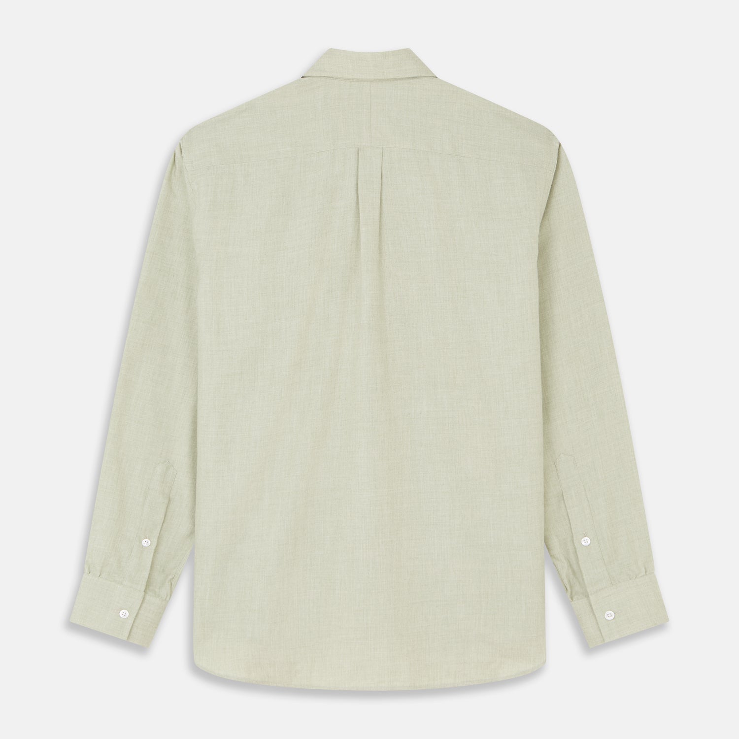 View 6 of product The Turnbull & Asser Soft Green Cashmerello Weekend Fit Finch Shirt features a Derby collar, long sleeves, chest pocket, white buttons, and cuffs. Laid flat on a white background.