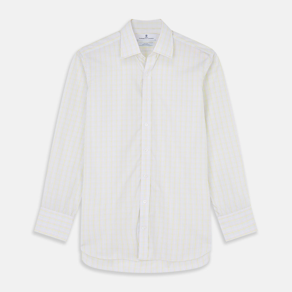 The Turnbull & Asser Yellow Multi Check Cotton Regular Fit Mayfair Shirt features a long-sleeved, button-up design with yellow and blue plaid, pointed collar, and buttoned cuffs, laid flat on a white background.