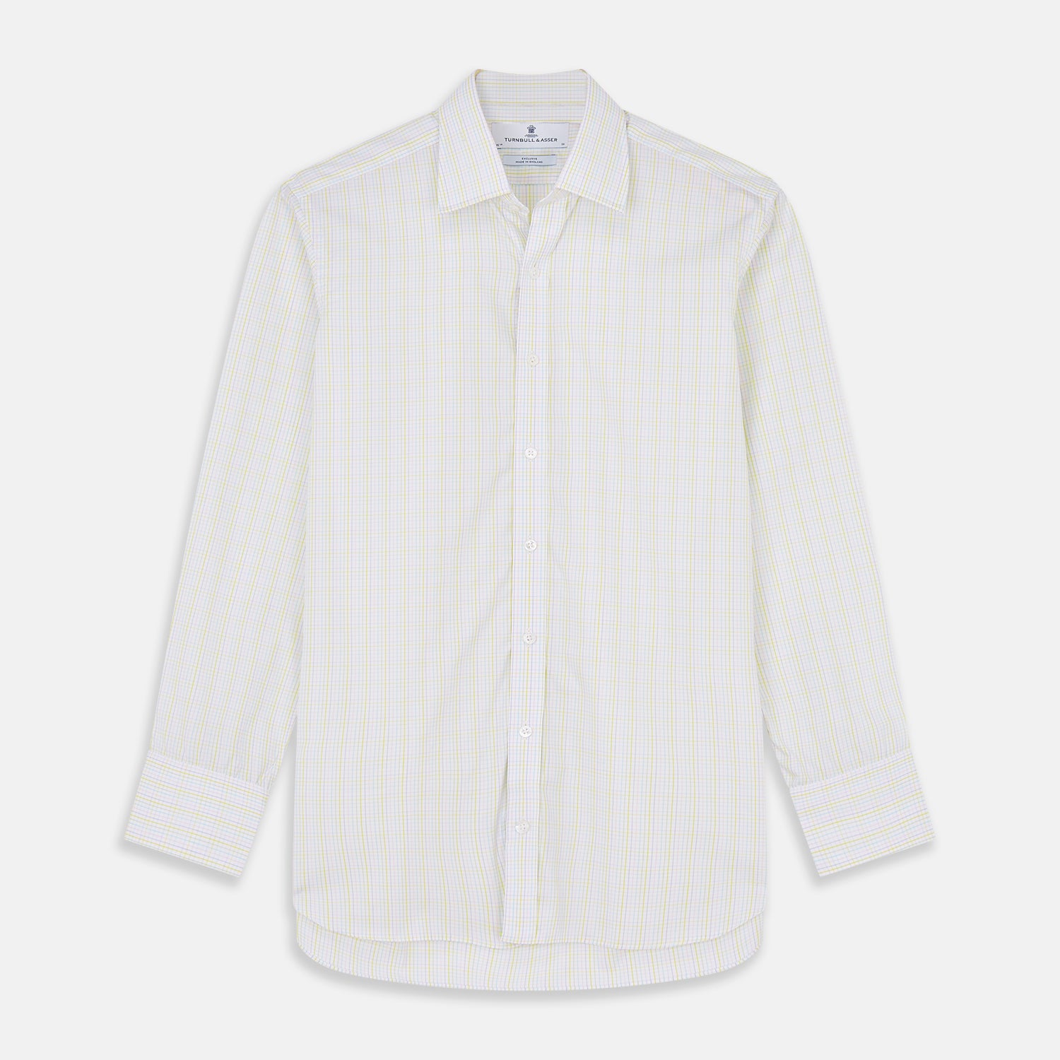 View 1 of product The Turnbull & Asser Yellow Multi Check Cotton Regular Fit Mayfair Shirt features a long-sleeved, button-up design with yellow and blue plaid, pointed collar, and buttoned cuffs, laid flat on a white background.