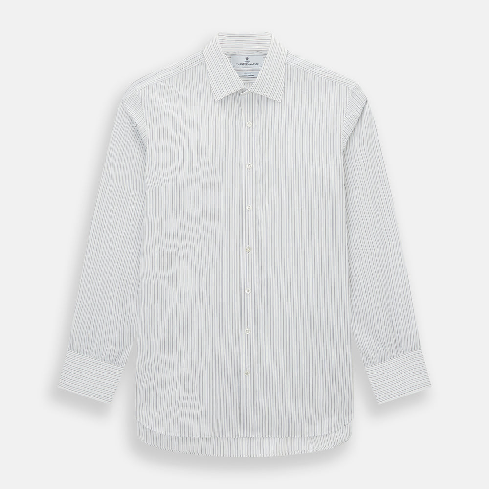 The Turnbull & Asser Blue Multi-Tone Double Pinstripe Mayfair Shirt, crafted from premium Italian cotton with a pointed collar, buttoned cuffs, and long sleeves, is shown on a plain white background.