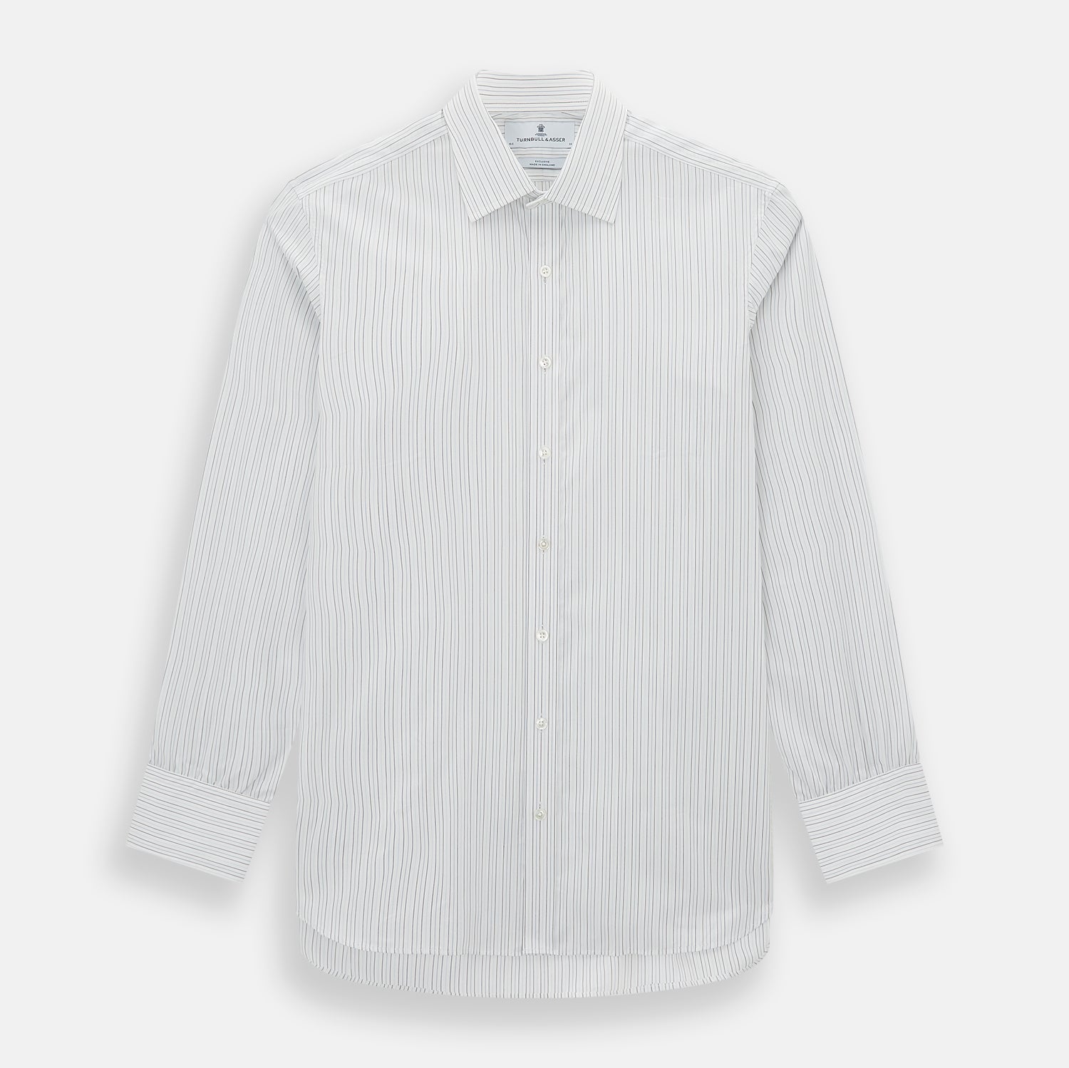 View 1 of product The Turnbull & Asser Blue Multi-Tone Double Pinstripe Mayfair Shirt, crafted from premium Italian cotton with a pointed collar, buttoned cuffs, and long sleeves, is shown on a plain white background.