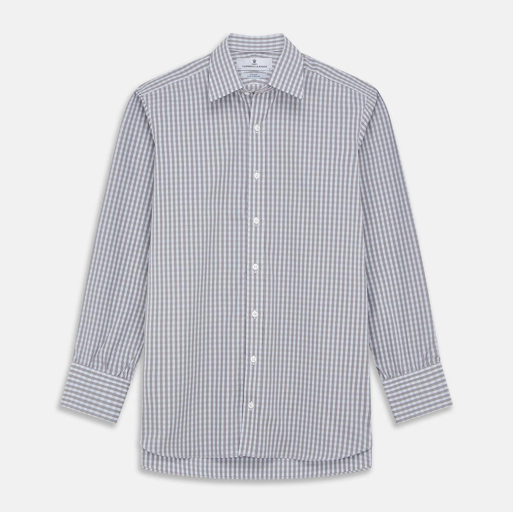 The Turnbull & Asser Pale Blue Multi Check Cotton Regular Fit Mayfair Shirt features a pale blue checkered pattern and long sleeves, shown on a white background.
