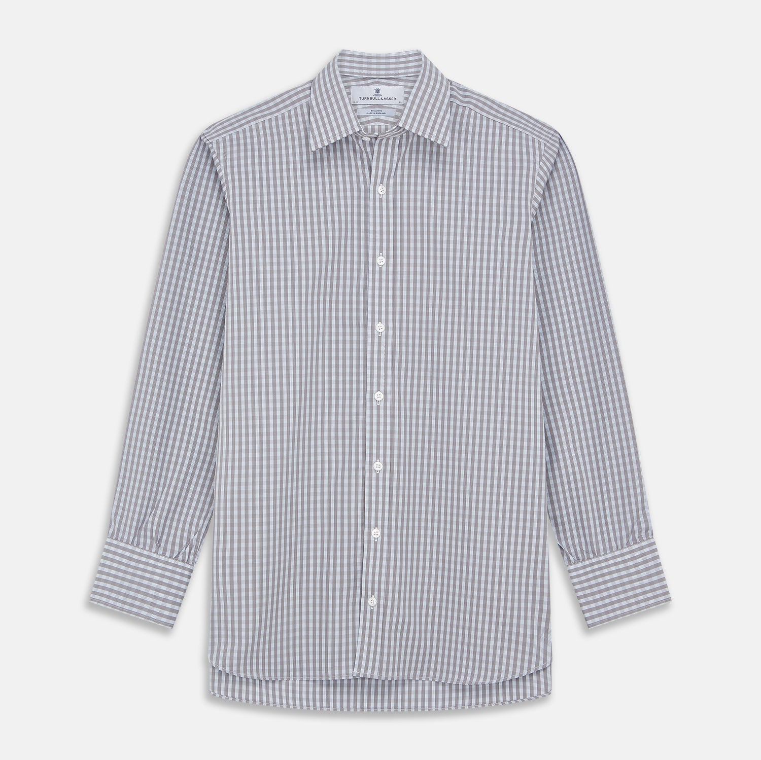 View 1 of product The Turnbull & Asser Pale Blue Multi Check Cotton Regular Fit Mayfair Shirt features a pale blue checkered pattern and long sleeves, shown on a white background.