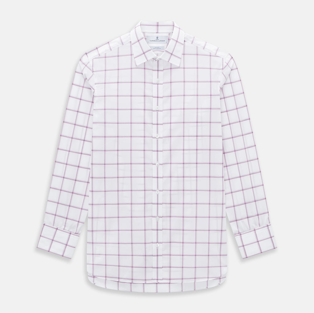 The Antique Pink Grid Check Mayfair Shirt by Turnbull & Asser is a long-sleeve shirt made from Italian cotton, featuring evenly spaced pink grid checks, displayed flat on a white background.