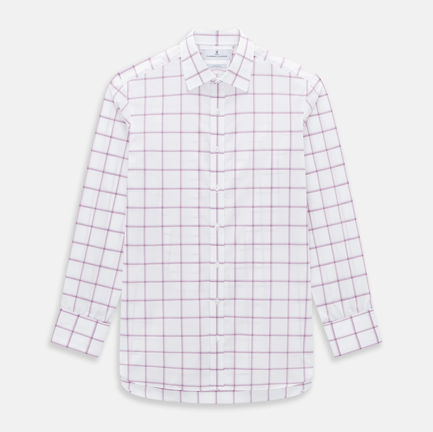 View 1 of product The Antique Pink Grid Check Mayfair Shirt by Turnbull & Asser is a long-sleeve shirt made from Italian cotton, featuring evenly spaced pink grid checks, displayed flat on a white background.