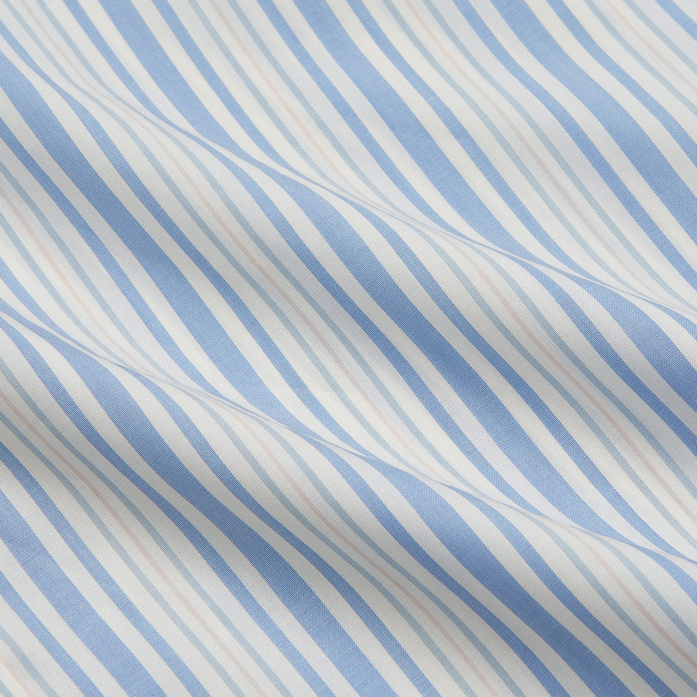 The Turnbull & Asser Blue Multi Stripe Wool Blend Weekend Fit Hayne Shirt features vertical blue, yellow, and white stripes, a button-down collar, and buttoned cuffs. Laid flat on a white background.