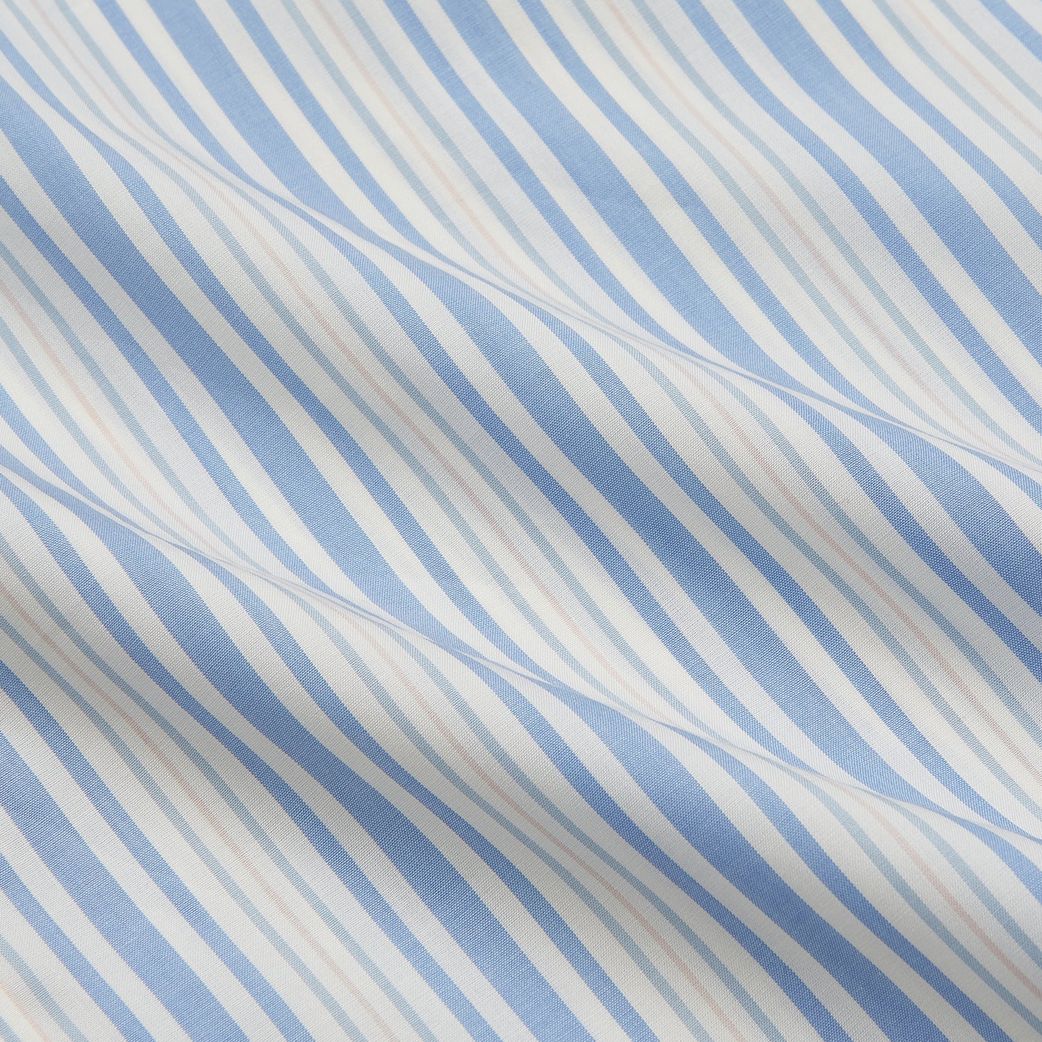 View 5 of product The Turnbull & Asser Blue Multi Stripe Wool Blend Weekend Fit Hayne Shirt features vertical blue, yellow, and white stripes, a button-down collar, and buttoned cuffs. Laid flat on a white background.