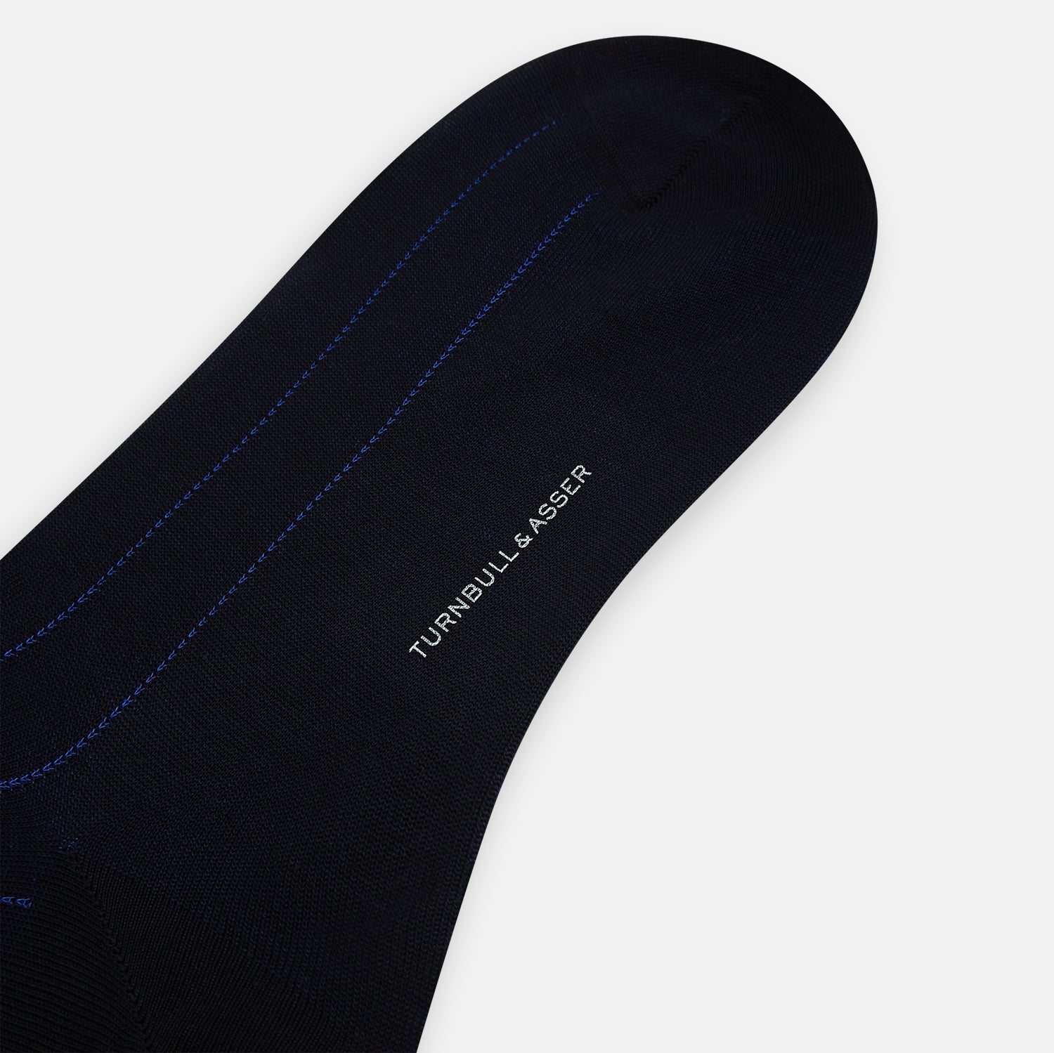 View 3 of product The Azzurro Dash Striped Mid-Length Sock by Turnbull & Asser features a single black sock with thin vertical light blue stripes, displayed on a plain white background. Comfortable mid-calf fit, ideal for everyday wear.