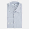 View 5 of product The Turnbull & Asser Blue Multi Tattersall Check Mayfair Shirt is a long-sleeved, button-down shirt featuring a small blue and white check pattern, pointed collar, and cuffs, shown laid flat on a white background.