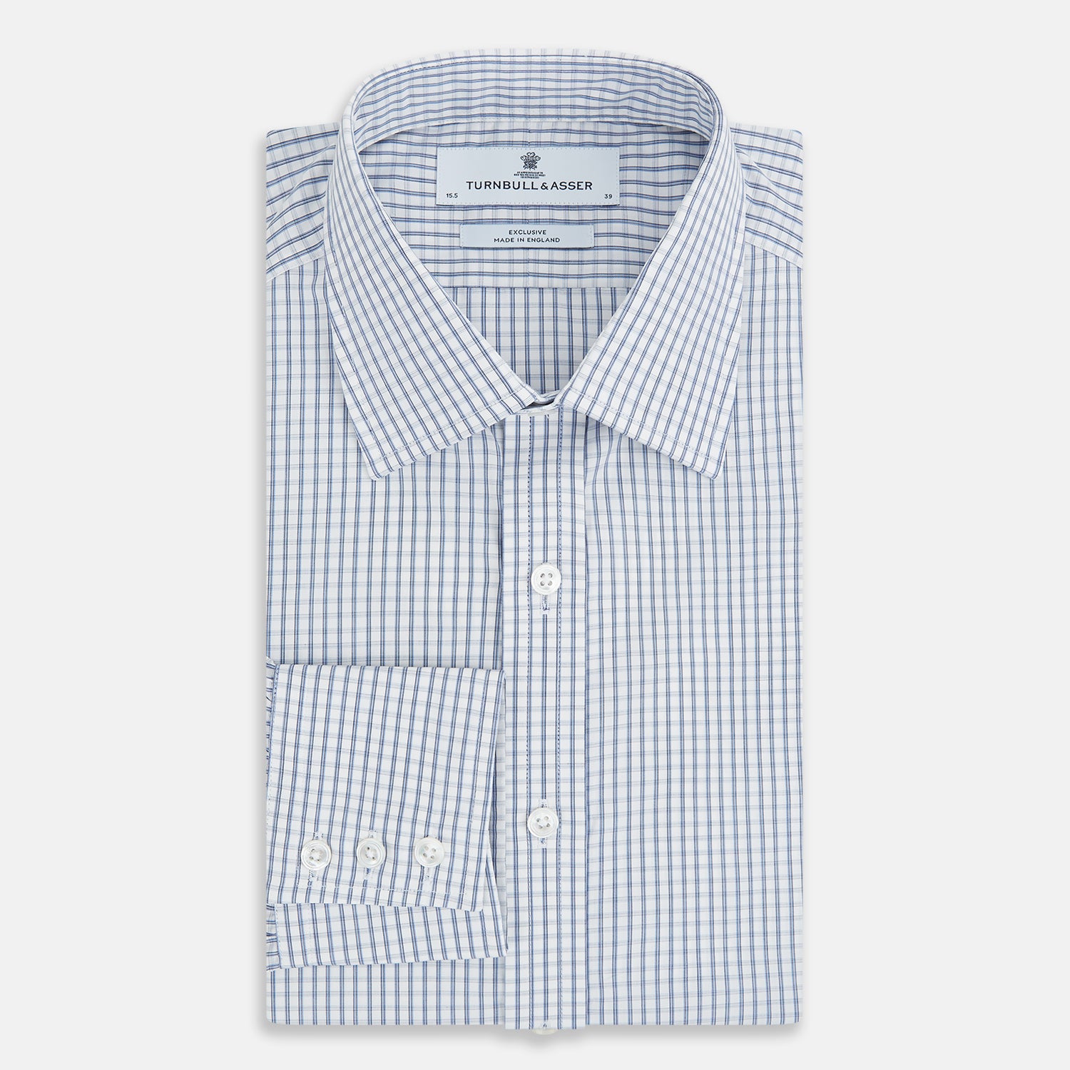 View 5 of product The Turnbull & Asser Blue Multi Tattersall Check Mayfair Shirt is a long-sleeved, button-down shirt featuring a small blue and white check pattern, pointed collar, and cuffs, shown laid flat on a white background.