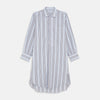View 1 of product The Pale Blue and Yellow Multi Stripe Cotton Sussex Nightshirt by Turnbull & Asser features long sleeves, a knee-length cut, a collar, button-down front, chest pocket, and rounded hem.