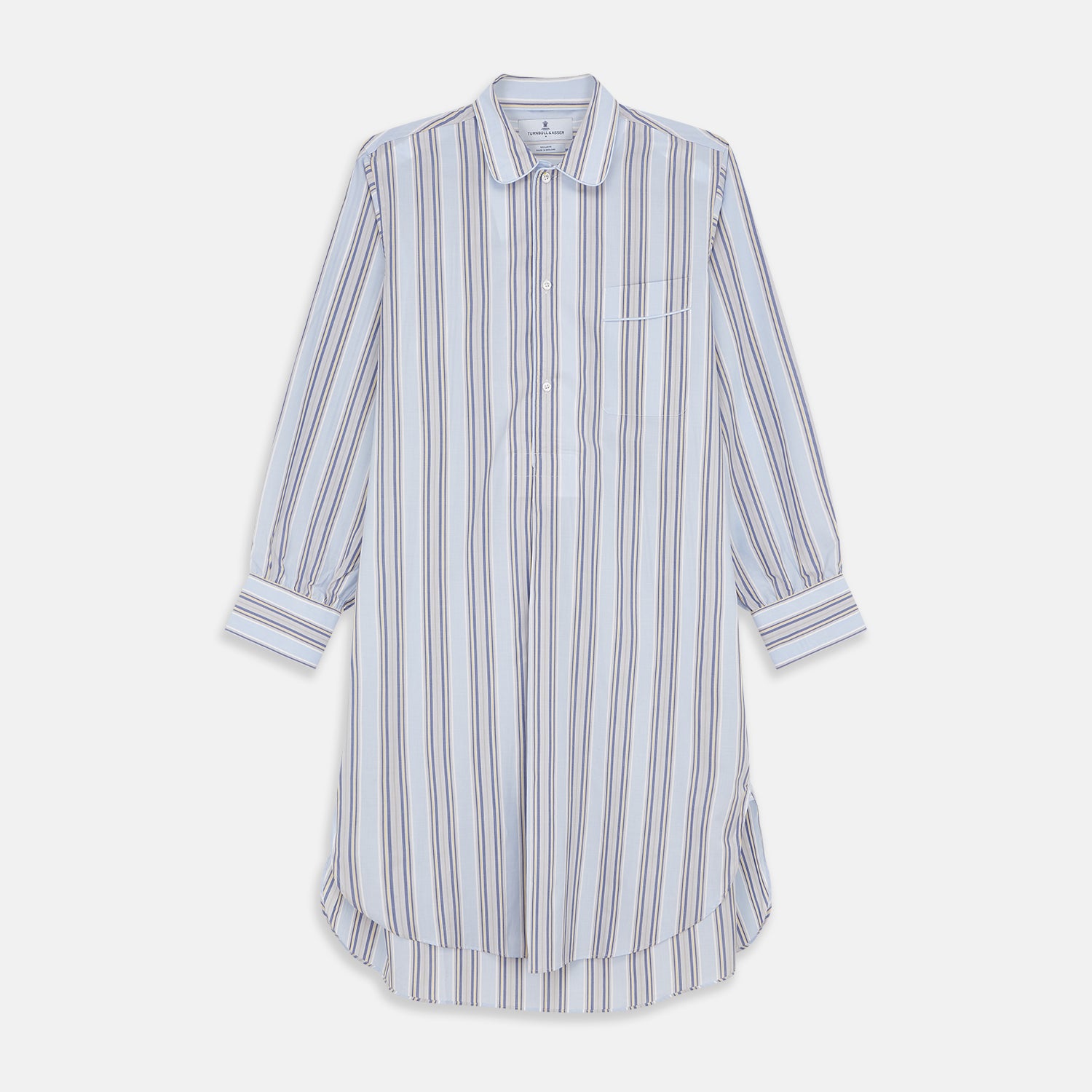 View 1 of product The Pale Blue and Yellow Multi Stripe Cotton Sussex Nightshirt by Turnbull & Asser features long sleeves, a knee-length cut, a collar, button-down front, chest pocket, and rounded hem.