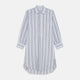 The Pale Blue and Yellow Multi Stripe Cotton Sussex Nightshirt by Turnbull & Asser features long sleeves, a knee-length cut, a collar, button-down front, chest pocket, and rounded hem.