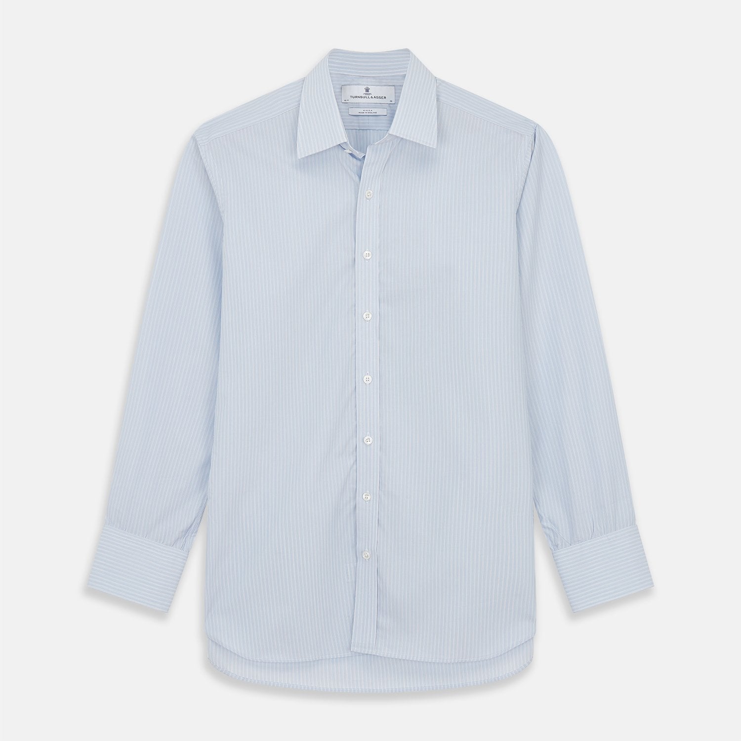 View 2 of product Close-up of Turnbull & Asser's Pale Blue Stripe West Indian Sea Island Cotton Fabric, featuring thin white diagonal stripes and a smooth texture, displayed in a circular frame on a plain light background.