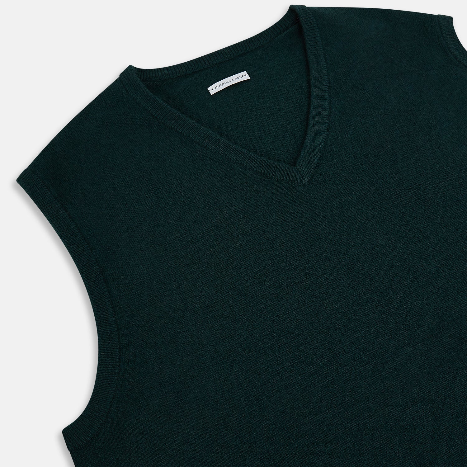 View 2 of product The Turnbull & Asser Forest Green V-neck Cashmere Vest, a sleeveless knit for men, is displayed against a plain white background.