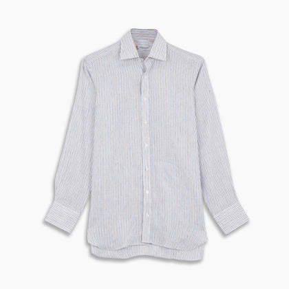 Brown and Blue Ticking Stripe Linen Shirt with POW Collar and 3-Button Cuffs Image 3