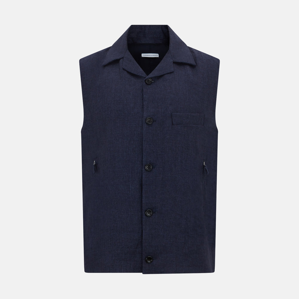 Turnbull & Asser Navy Collared Linen Waistcoat features a tailored fit, sleeveless design, button-up front, left chest pocket, and two zippered side pockets, shown against a plain white background.